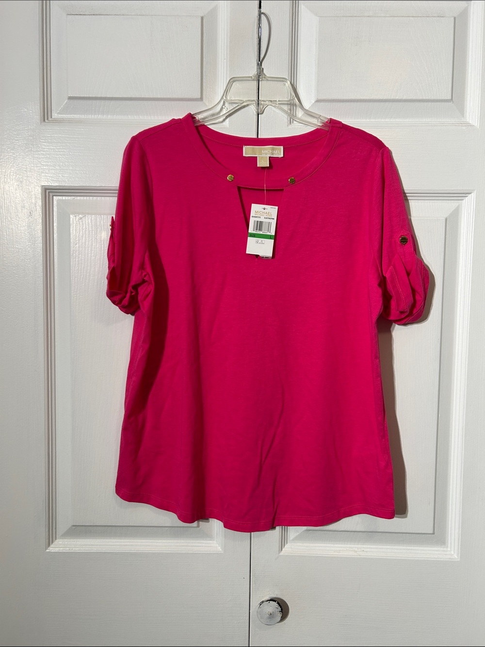 NWT Michael Kors Fuchsia Short Sleeve Roll-Tab Tee w/Gold Accents size L Large